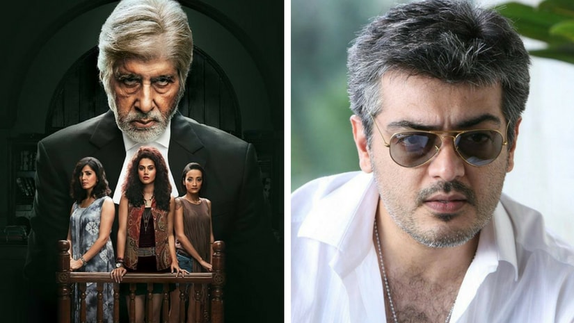 Pink poster (left) and actor Ajith (right). Images from Facebook