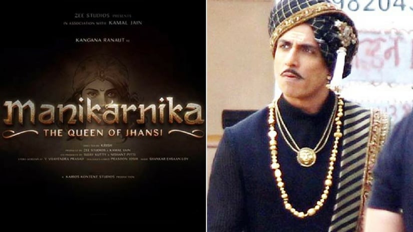 Manikarnika poster (left) and Sonu Sood's look in the film (right). Image from Facebook