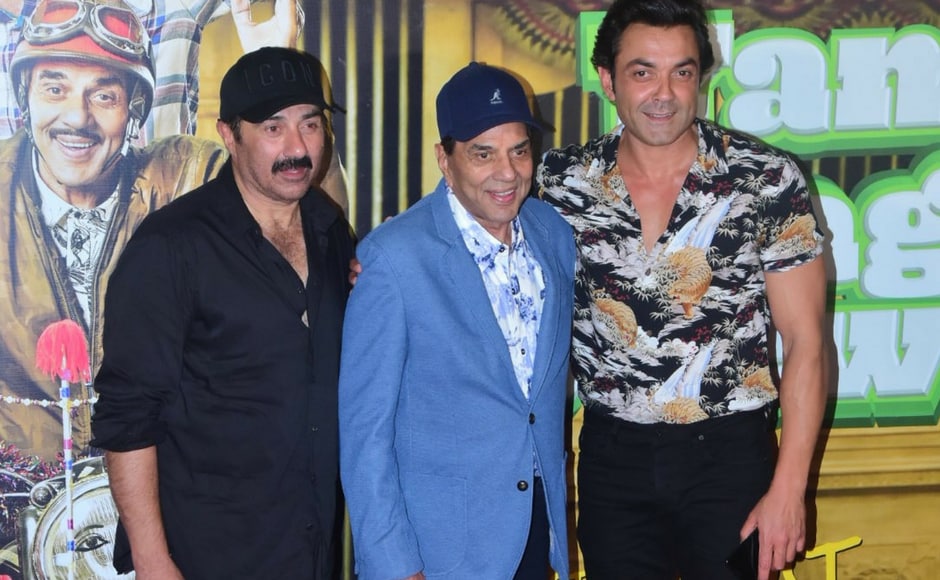 Dharmendra looked dapper in all blue. Bobby brought in the floral charm with his printed shirt while Sunny sported a simple black shirt. Dharmendra looked dapper in all blue. Bobby brought in the floral charm with his printed shirt while Sunny sported a simple black shirt.