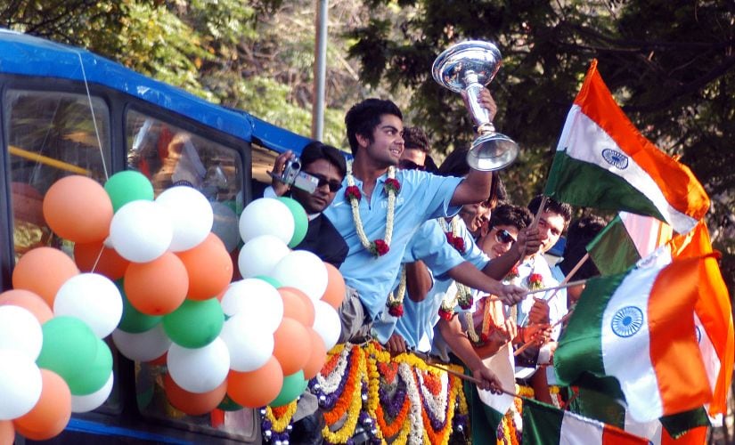 First brush with super-stardom: Virat Kohli returns after winning the Under-19 World Cup in 2008. AFP