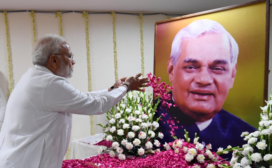 An all-party prayer meeting was held on Monday to pay tribute to former prime minister Atal Bihari Vajpayee in New Delhi. Addressing the meet, Narendra Modi said that Vajpayee ji set an example for all by dedicating his life to the nation, from adolescence till the end. Image courtesy: Twitter@PIBIndia An all-party prayer meeting was held on Monday to pay tribute to former prime minister Atal Bihari Vajpayee in New Delhi. Addressing the meet, Narendra Modi said that Vajpayee ji set an example for all by dedicating his life to the nation, from adolescence till the end. Image courtesy: Twitter@PIBIndia