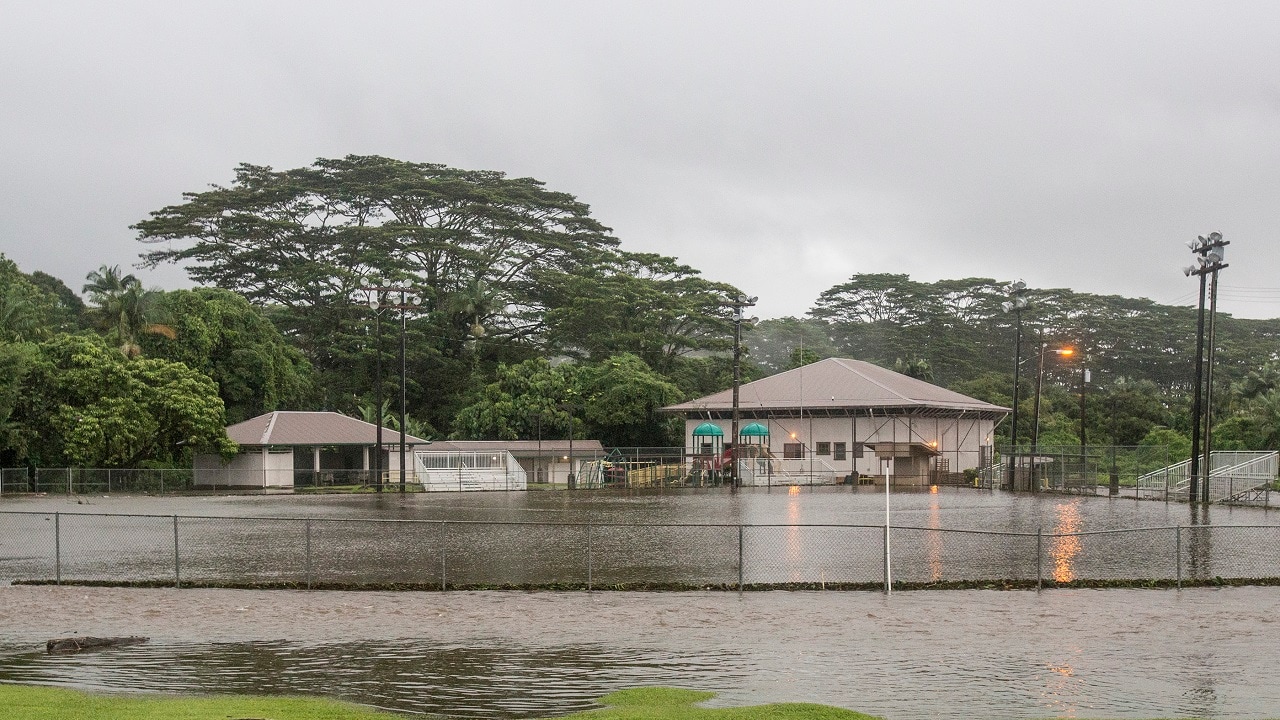 Park fields are flooded from heavy rains in Hilo, Hawaii after Hurricane Lane. AP
