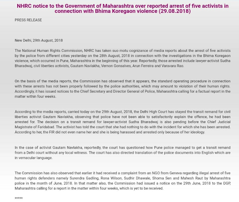 Bhima Koregaon raids: NHRC issues notice to Maharashtra govt and DGP, says SOP not followed in arrests of activists Bhima Koregaon raids: NHRC issues notice to Maharashtra govt and DGP, says SOP not followed in arrests of activists