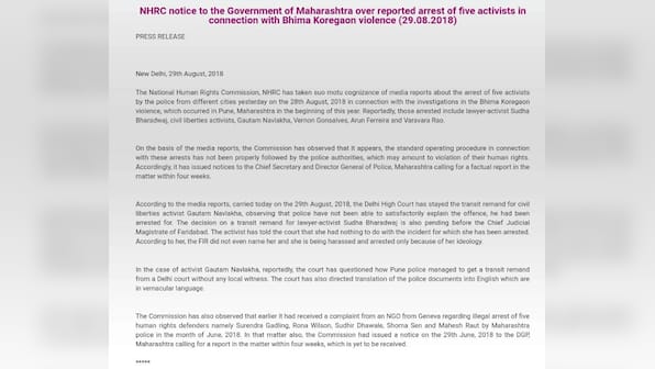 Bhima Koregaon raids: NHRC issues notice to Maharashtra govt and DGP, says SOP not followed in arrests of activists