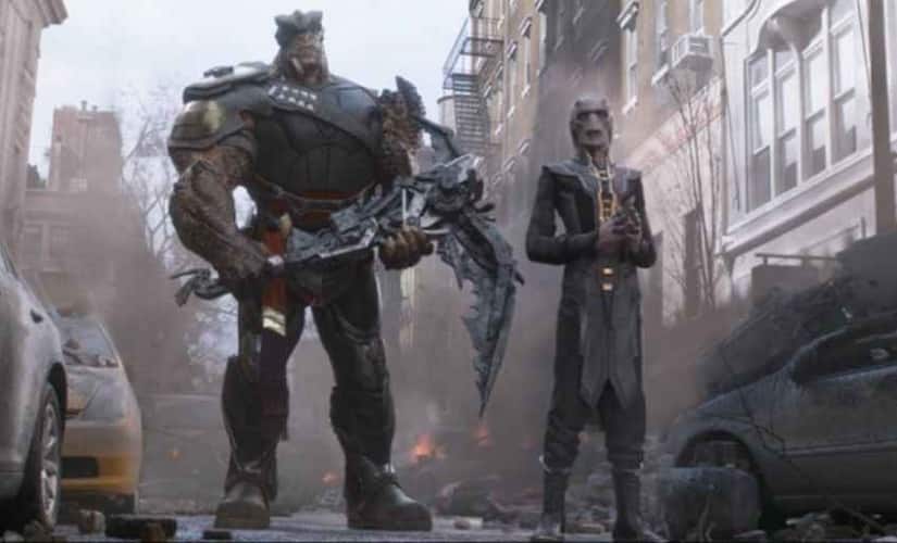 Cull Obsidian and Ebony Maw battle scene against Iron Man, Doctor Strange and Hulk. Twitter @MCUCosmic