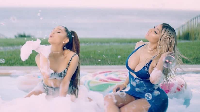Still from Nicki Minaj and Ariana Grande's 'Bed' music video. Screenshot via YouTube.