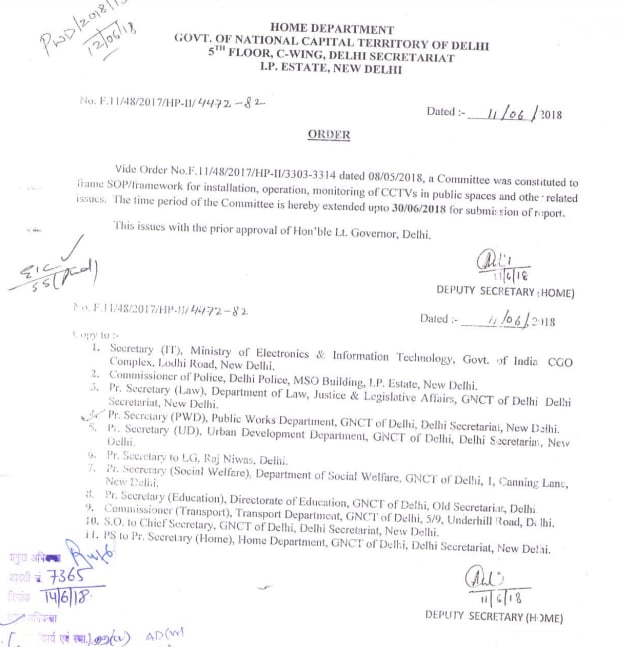 A committee was constituted to come up with Standard Operating Procedures for installation, operation, monitoring of CCTVs in public spaces issues with prior approval of the LG