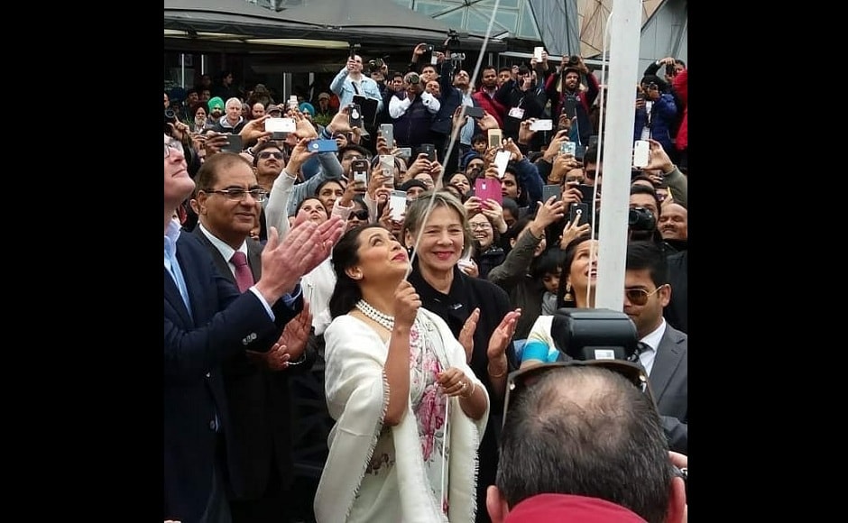 The actress hoisted the national flag joined by Victoria's Premier Daniel Andrews at Federation Square. Twitter @ImShubzz1205 The actress hoisted the national flag joined by Victoria's Premier Daniel Andrews at Federation Square. Twitter @ImShubzz1205
