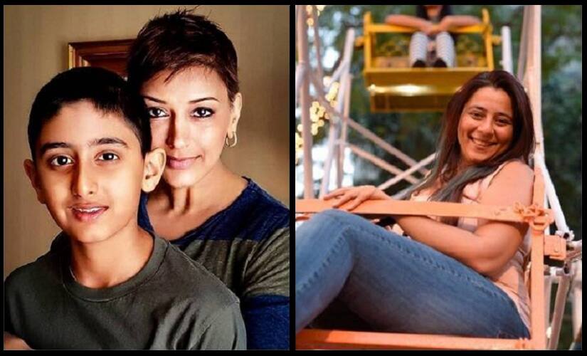 Sonali Bendre with son Ranveer (L); Srishti Arya (R). Twitter @ShortDurationMo