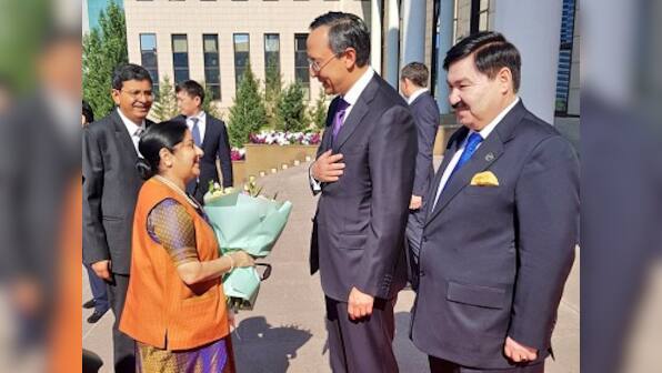 Sushma Swaraj meets Kazakhstan counterpart Kairat Abdrakhmanov, discusses ways to deepen cooperation in trade, energy