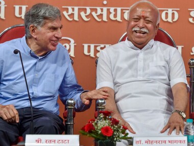 Ratan Tata and Mohan Bhagwat at the golden jubilee celebration of Nana Palkar Smruti Samitee, in Mumbai. PTI