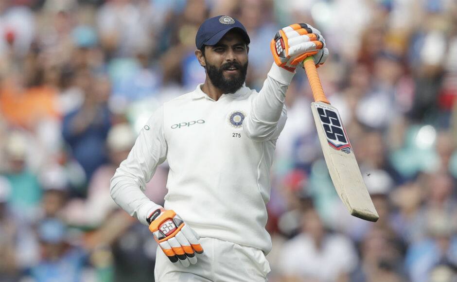 Ravindra Jadeja, playing his first match of the Test series, goes into his trademark 'sword' celebrations after completing his half-century on Day 3. AP