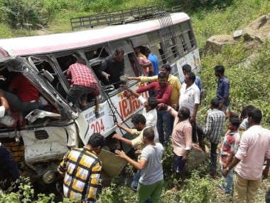The bus after it fell into the valley in Jagtial. ANI