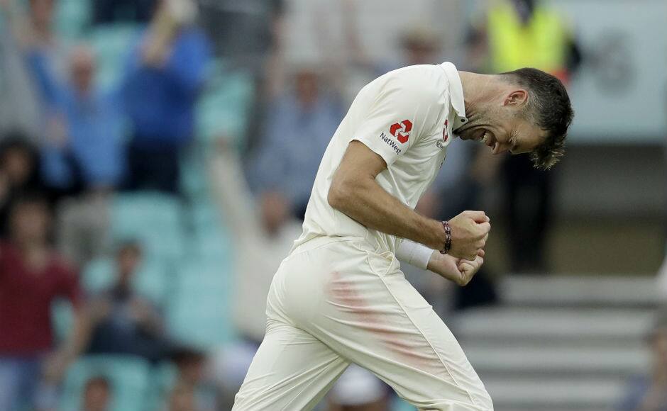 James Anderson celebrates after dismissing Mohammed Shami, going past Glenn McGrath's tally of 563 Test wickets to become the most prolific pacer of all time. AP