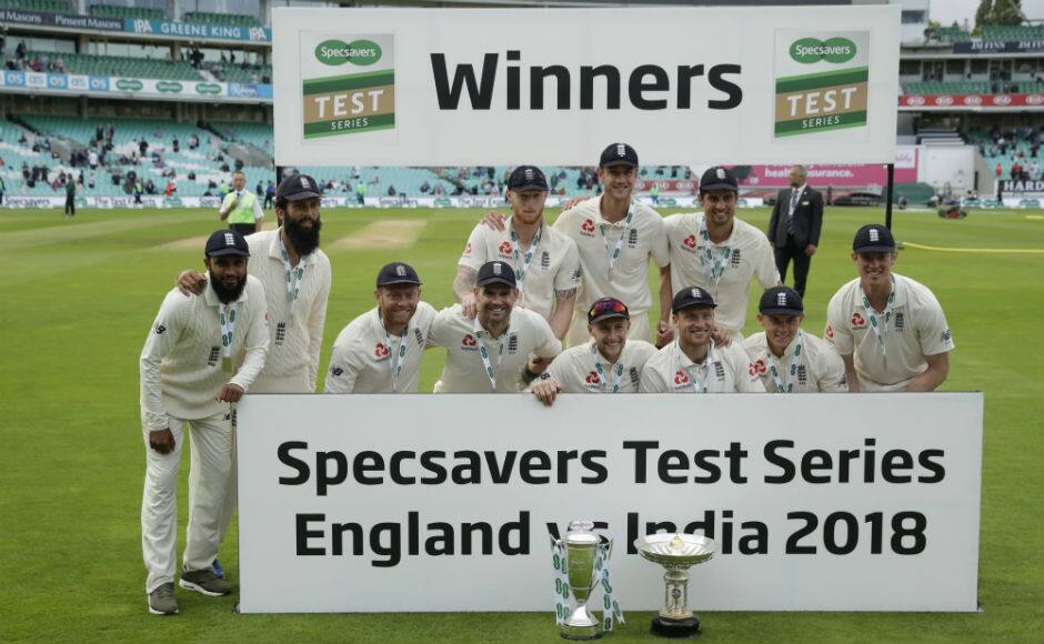 The England team poses with the Pataudi Trophy after winning the Test series 4-1. AP
