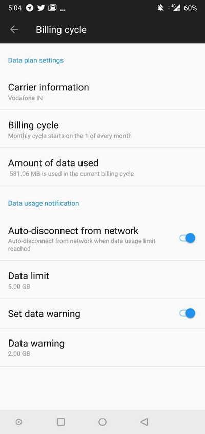 Data limit settings on Android.