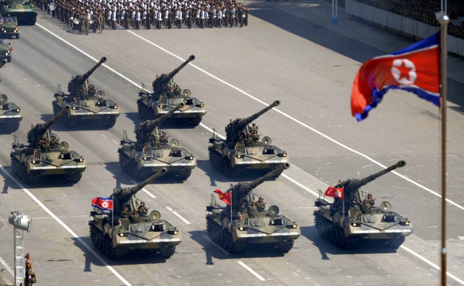 Troops, artillery and tanks made their way past leader Kim in the centre of Pyongyang, but the largest missiles shown were short-range battlefield devices. AP Troops, artillery and tanks made their way past leader Kim in the centre of Pyongyang, but the largest missiles shown were short-range battlefield devices. AP