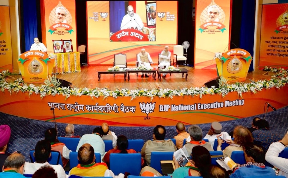 BJP concluded it's two-day national executive meeting on 9 September. Narendra Modi in his concluding address scoffed at Opposition efforts to forge a Mahagathbandhan for the 2019 Lok Sabha elections, saying it was nothing but their compulsion and a vindication of the BJP-led governments success. Twitter @@BJP4India