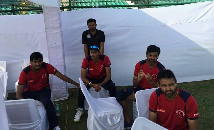 Jasprit Bumrah, Axar Patel, RP Singh and Parthiv Patel during a practice session. Image procured by Devdutt Kshirsagar/Firstpost