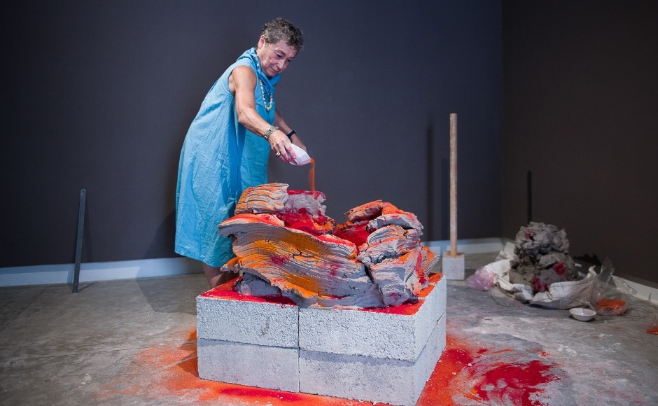 Ester Beck from Israel in a performance-based work, Matter is a Centre of Dreaming. The artwork is, in fact, a video piece shown in a loop, as she dismantles the finished sculptural vessel and the action starts over. Working with 4.5 tons of clay, she creates an abstract vessel sculpture from a massive block of clay. Ester Beck from Israel in a performance-based work, Matter is a Centre of Dreaming. The artwork is, in fact, a video piece shown in a loop, as she dismantles the finished sculptural vessel and the action starts over. Working with 4.5 tons of clay, she creates an abstract vessel sculpture from a massive block of clay.