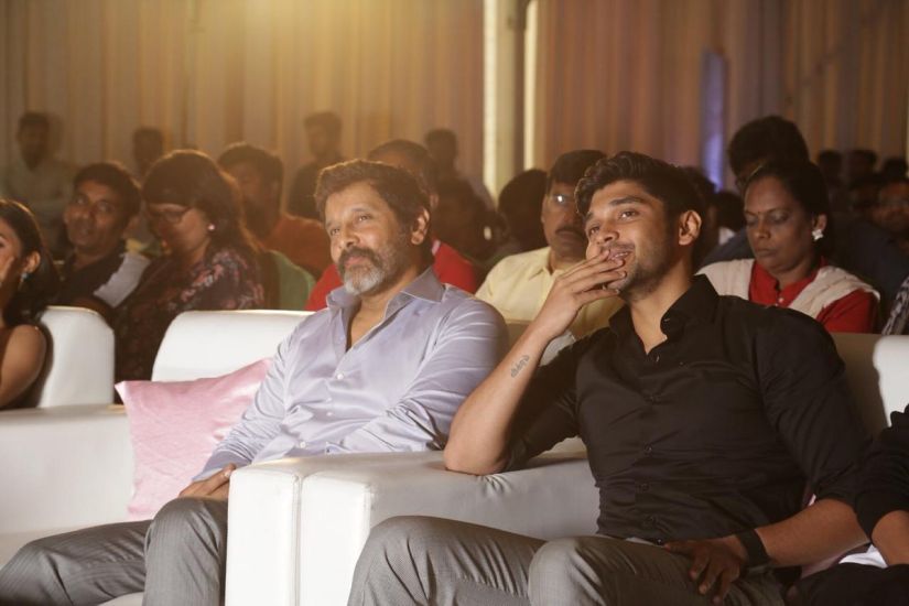 Vikram and his son Dhruv at Varma's teaser launch event