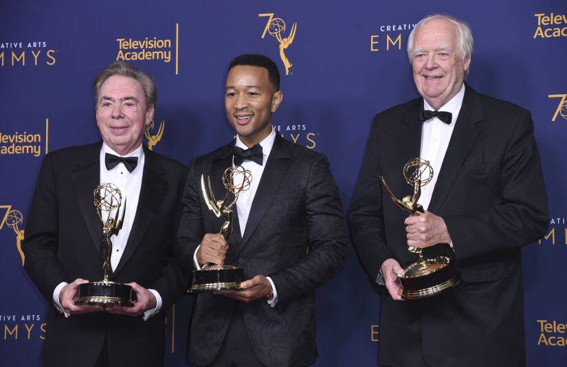Andrew Lloyd Webber, left, John Legend, and Tim Rice winners of the award for outstanding variety special for 