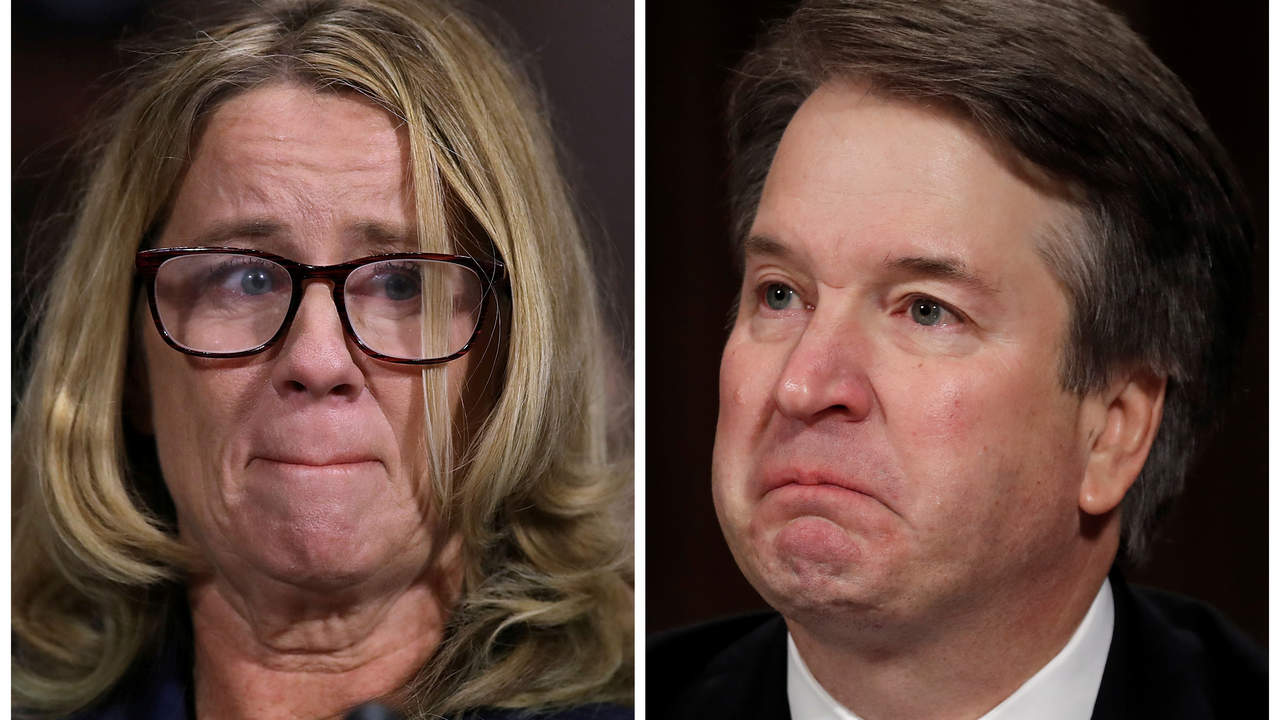 Professor Christine Blasey Ford and U.S. Supreme Court nominee Brett Kavanaugh (R), testify in this combination photo during a Senate Judiciary Committee confirmation hearing on Capitol Hill in Washington, DC, U.S., September 27, 2018. Win McNamee/Pool and REUTERS/Jim Bourg (R) - RC13075E3F50