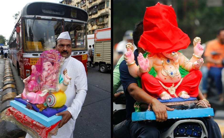 A man in Mumbai (left) and another devotee in Ahmedabad (right) carry Ganesha idols on the day of Ganesh Chaturthi. Devotees in large numbers take idols home on the day of Ganesh Chaturthi and place them for varied durations through the festival. Mumbai image via Reuters/ Francis Mascarenhas. Ahmedabad image via The Associated Press/ Ajit Solanki A man in Mumbai (left) and another devotee in Ahmedabad (right) carry Ganesha idols on the day of Ganesh Chaturthi. Devotees in large numbers take idols home on the day of Ganesh Chaturthi and place them for varied durations through the festival. Mumbai image via Reuters/ Francis Mascarenhas. Ahmedabad image via The Associated Press/ Ajit Solanki