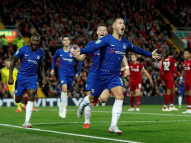 Eden Hazard of Chelsea celebrates the winning goal of the Carabao Cup. Reuters 