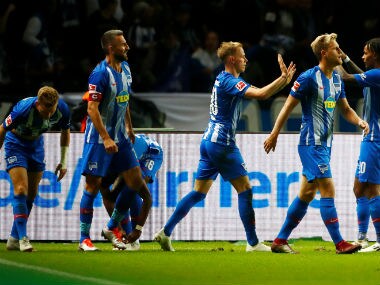 Hertha Berlin's Ondrej Duda celebrates scoring their second goal with teammates. Reuters