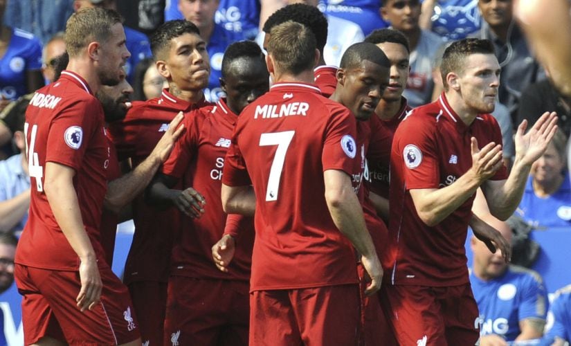 Liverpool players celebrate a Sadio Mane goal against Leicester City earlier this month. AP
