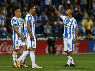 Leganes players celebrate after beating Barcelona. Reuters