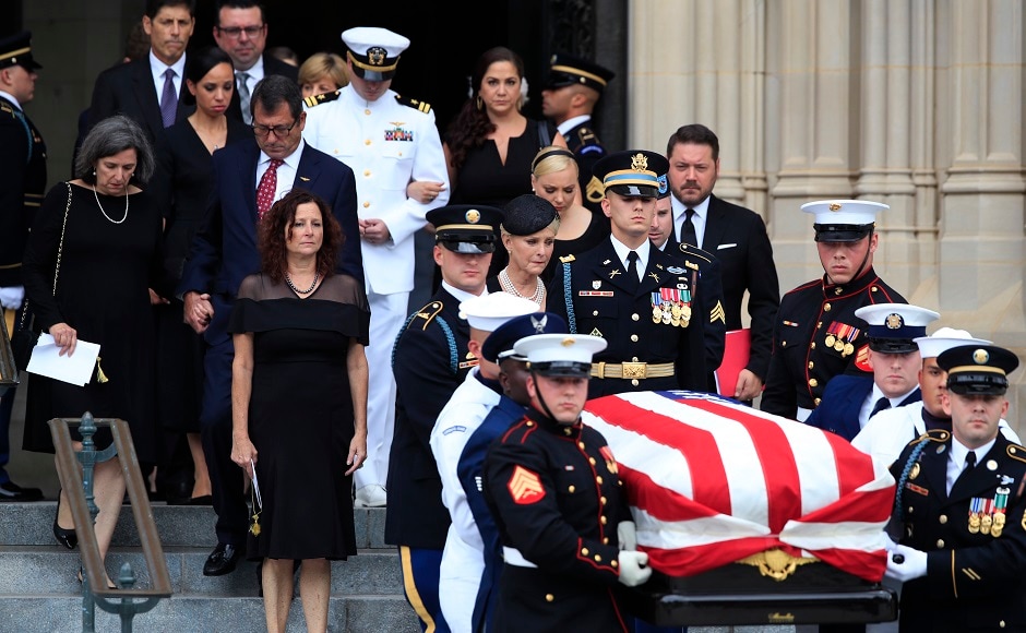 McCain’s body, which had lain in state at the US Capitol, arrived at the cathedral with a motorcade that first stopped at the Vietnam Veterans Memorial. There his wife, Cindy McCain, laid a wreath to honor those who died in the war. AP