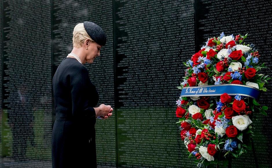 McCain’s wife, Cindy, laid a wreath to honor those who died in the war at the Vietnam Veterans Memorial. AP