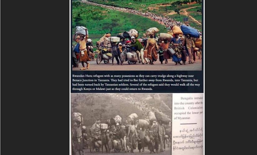 Screenshots shows (top) an image taken from the Pulitzer Prize website depicting the migration of Rwandan Hutu refugees in 1996 following violence in Rwanda. The same image (bottom) appears in the Myanmar army&rsquo;s recently published book on the Rohingya, converted to black-and-white, describing the people as Bengalis entering the country following the British colonial occupation of lower Myanmar. Top: Martha Rial/Pittsburgh Post-Gazette/The Pulitzer Prizes Bottom: Myanmar Politics and the Tatmadaw: Reuters