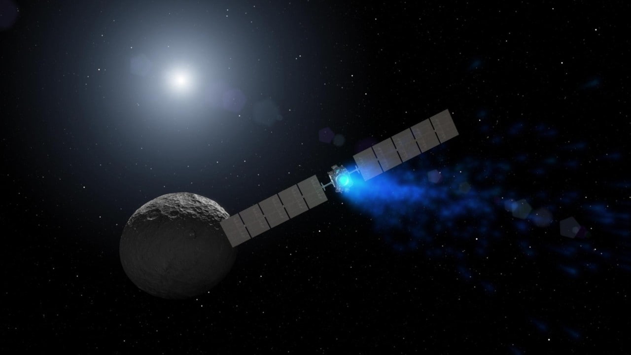 An artistic representation of NASA's Dawn spacecraft arriving at dwarf planet Ceres, the biggest object in the asteroid belt. Image courtesy: NASA/JPL