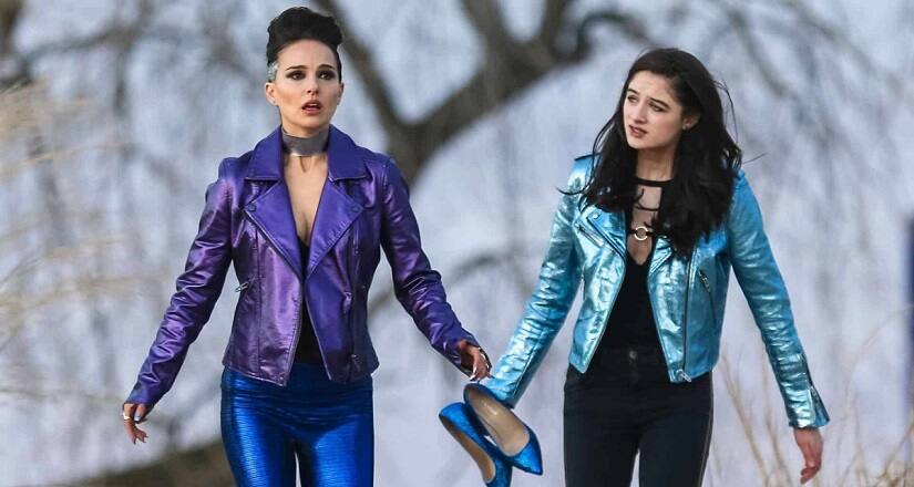 Natalie Portman and Raffey Cassidy on set of Vox Lux. Image via Facebook