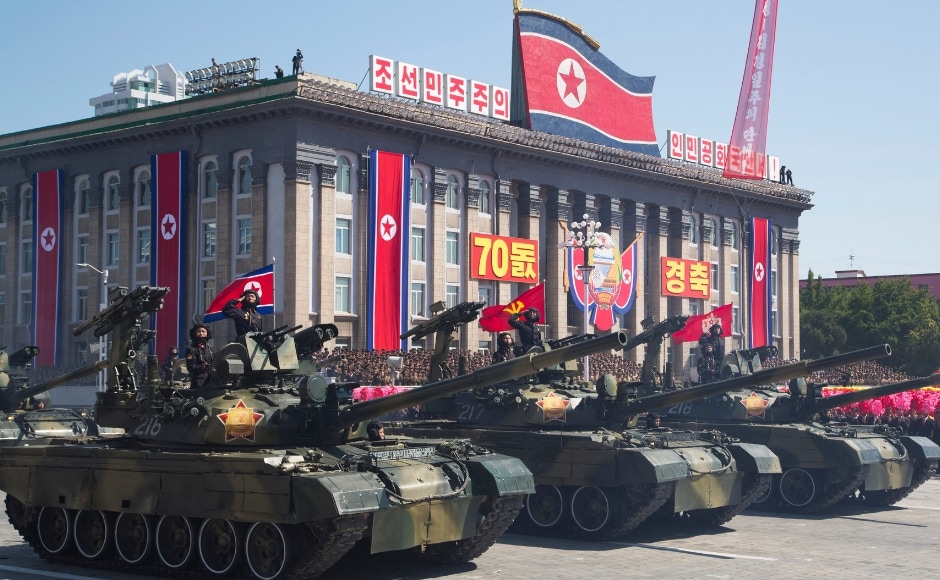 Troops, artillery and tanks make their way past leader Kim Jong-un in the centre of Pyongyang, but the largest missiles shown were short-range battlefield devices. AP Troops, artillery and tanks make their way past leader Kim Jong-un in the centre of Pyongyang, but the largest missiles shown were short-range battlefield devices. AP