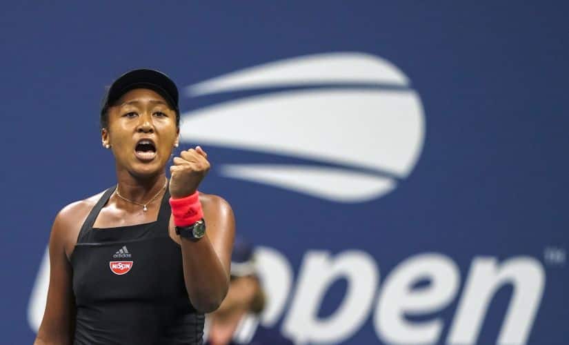 Naomi Osaka celebrates a point against Madison Keys during their US Open 2018 semi-final. AFP