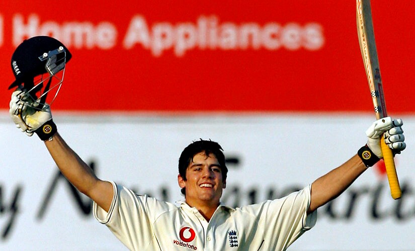 England's Alastair Cook celebrates after completing his century in the second innings on the fourth day of the first cricket test match between India and England in Nagpur, India March 4, 2006. REUTERS/Adnan Abidi - GM1DSBXRXMAA