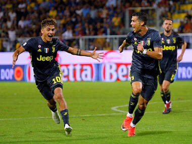 Soccer Football - Serie A - Frosinone v Juventus - Stadio Benito Stirpe, Frosinone, Italy - September 23, 2018 Juventus' Cristiano Ronaldo celebrates scoring their first goal with Paulo Dybala REUTERS/Ciro De Luca - RC1FE4954030