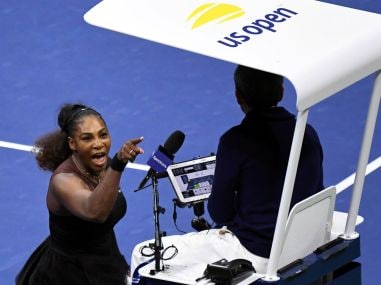 Serena Williams yells at chair umpire Carlos Ramos in the women's final against Naomi Osaka. Reuters
