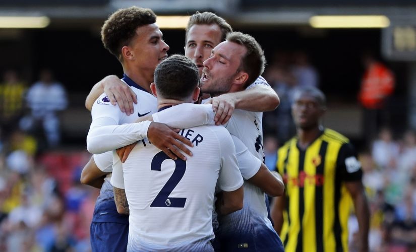 Tottenham Hotspur players celebrate their goal against Watford FC earlier this month AP Photo