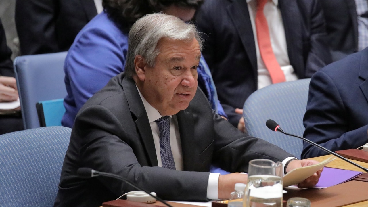 Secretary General of the United Nations Antonio Guterres addresses the United Nations Security Council on 'mediation and its role in conflict', during an open debate on maintenance of international peace and security, at the UN Headquarters in New York. 