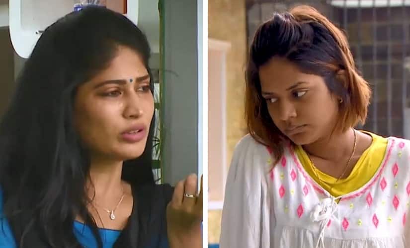 Vijayalakshmi and Aishwarya go head to head. Images via Twitter/@VijayTelevision