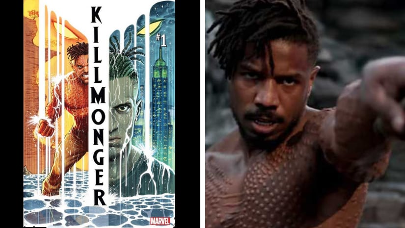 Cover for the first issue of Killmonger comics (left) and Michael B Jordan as Killmonger in Black Panther. Images from Facebook