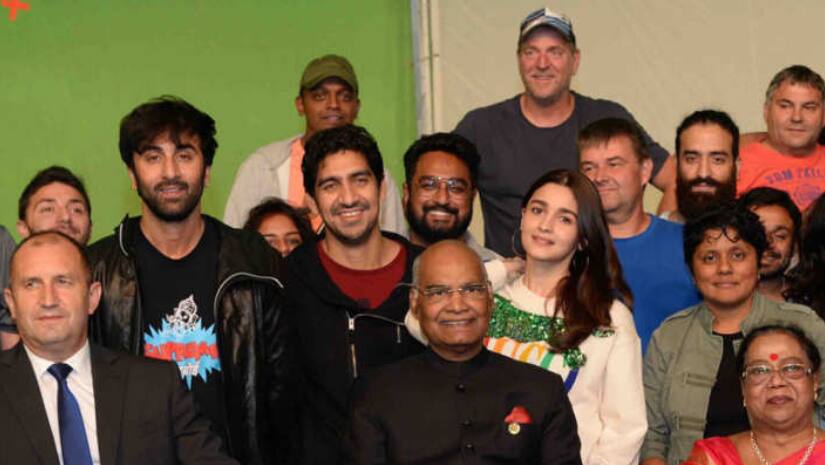 Ram Nath Kovind (seated, centre) and Bulgarian President (seated, left) visit sets of Brahmastra. Image from Twitter