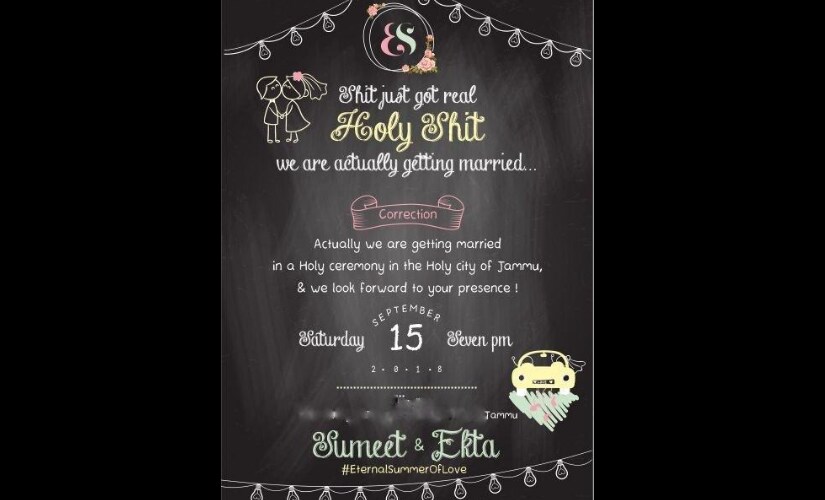 Sumeet and Ekta's wedding invite. Image from Twitter