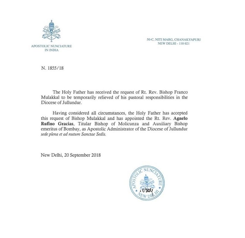 The letter from the Apostolic Nunciature in Delhi. Image procured by TK Devasia