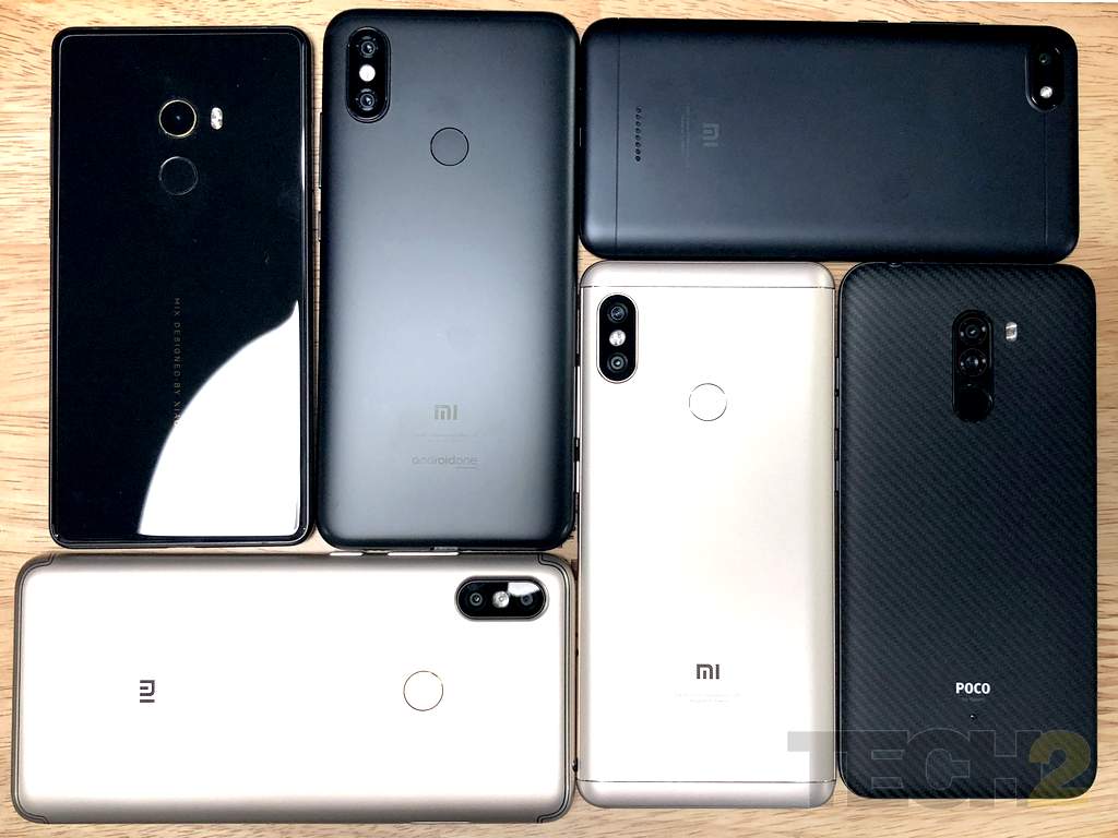 The Xiaomi Mi Mix 2, Mi A2, Redmi 6A, Poco F1, Redmi Y2 and the Note 5 Pro. Image: tech2 / Sheldon Pinto.